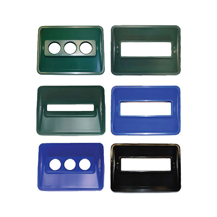 Custom lid for recycling or trash containers, choose color, hole shape and placement, hot‑stamp message option, quote required