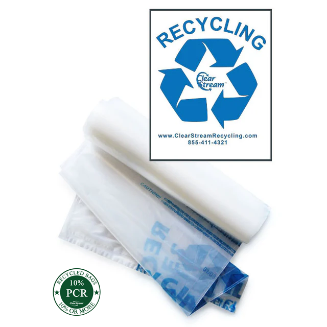 40‑gal clear recycling bags with blue “RECYCLABLES ONLY” print, 1.1 mil heavy‑duty PCR recycled plastic, 100 bags per case