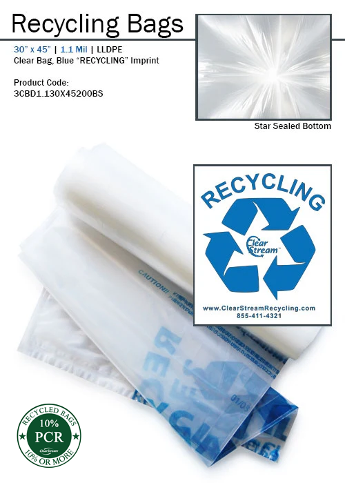25‑gal clear recycling bags with blue “RECYCLE” print, heavy‑duty star‑seal liners, 10% PCR recycled plastic, 200 bags per case