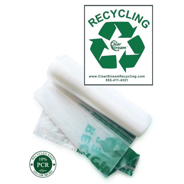 40‑gal clear recycling bags with green ‘RECYCLING ONLY’ print, heavy‑duty 1.5 mil PCR recycled plastic, 100 bags per case