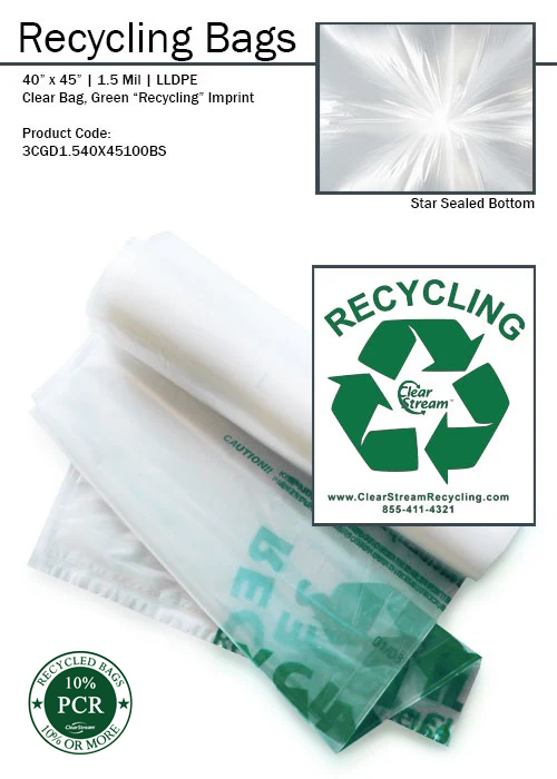 ClearStream clear recycling bag with bold green “Recycling” print, 40-gallon, 1.5 mil thickness, star-sealed bottom – case of 100.
