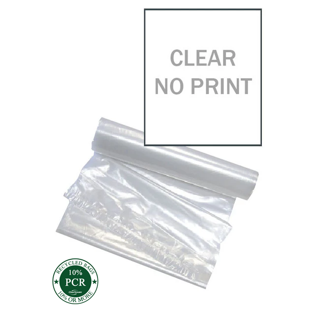 40‑gal clear unprinted trash and recycling bags, heavy‑duty 1.1 mil PCR recycled plastic, 100‑bag case