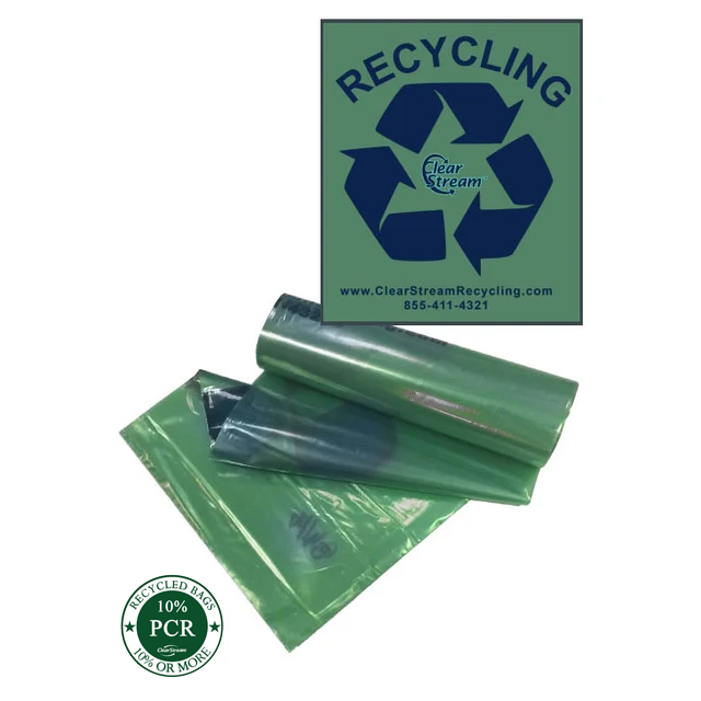 25‑gal green-tint recycling bags with blue “RECYCLE” print, heavy-duty star-seal liners, recycled plastic, 200 bags per case