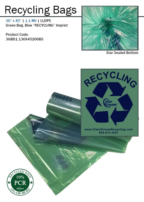 ClearStream 25-gallon recycling bag, green-tinted with bold blue “Recycle” print – case of 200 dual-stream recycling bags.