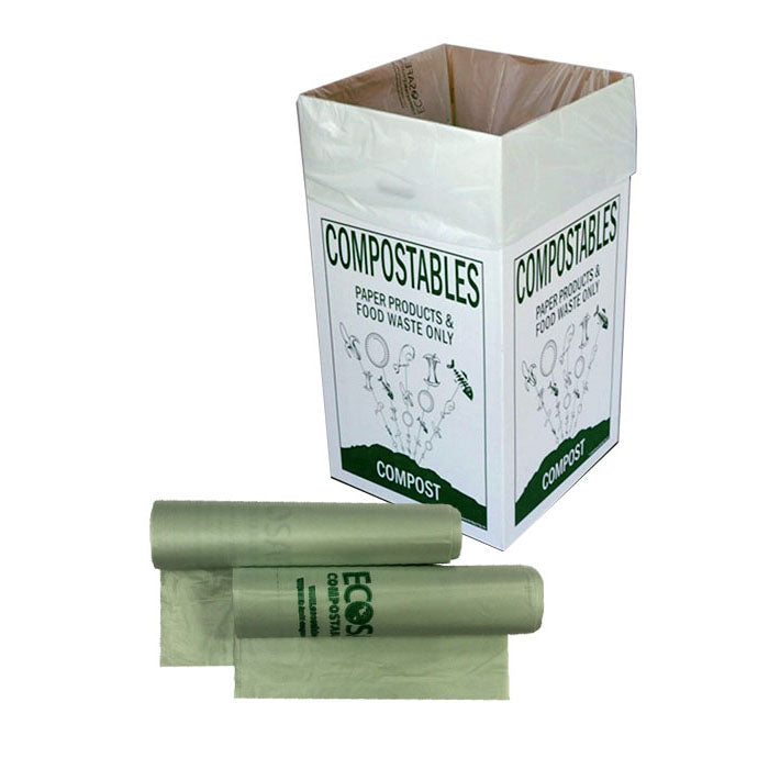55‑gal compostable event box bag, green tint, star‑seal bottom, 0.85 mil BPI‑certified compostable material, 80 bags per case