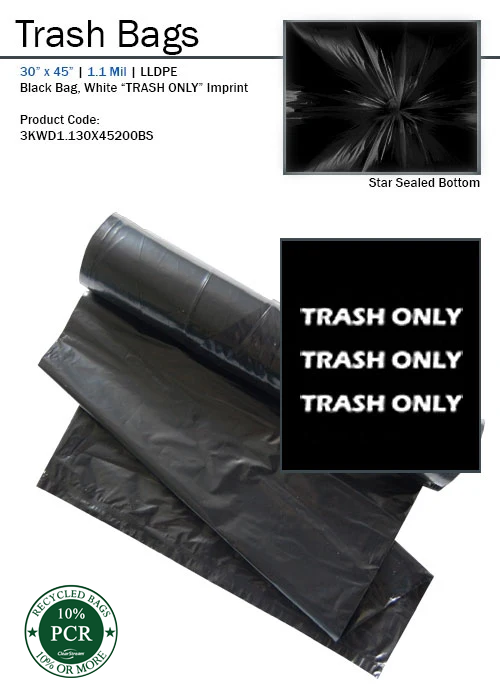 Black trash bag with white ‘Trash Only’ print for ClearStream dual-stream bins – 200 count case