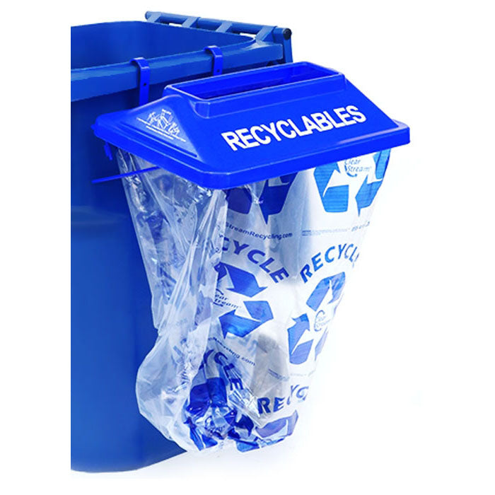 SideKick® blue portable recycling bin without legs, designed to hang on fences or carts.