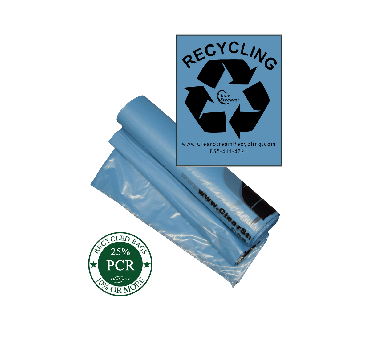 ClearStream 40-gallon blue recycling bag with black recycling print, 1.1 MIL thick and made with 25% recycled content