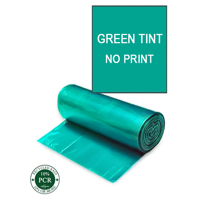 ClearStream 40-gallon green recycling bags, unprinted, 1.25 mil thick with 10% post-consumer recycled content, 100-count case for event and facility recycling stations