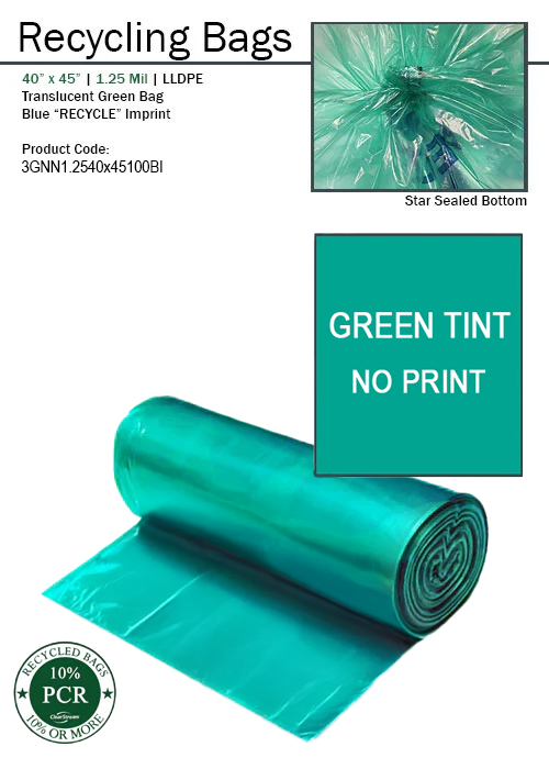 ClearStream 40-gallon green recycling bags, unprinted, 1.25 mil thick with 10% post-consumer recycled content, 100-count case for event and facility recycling stations