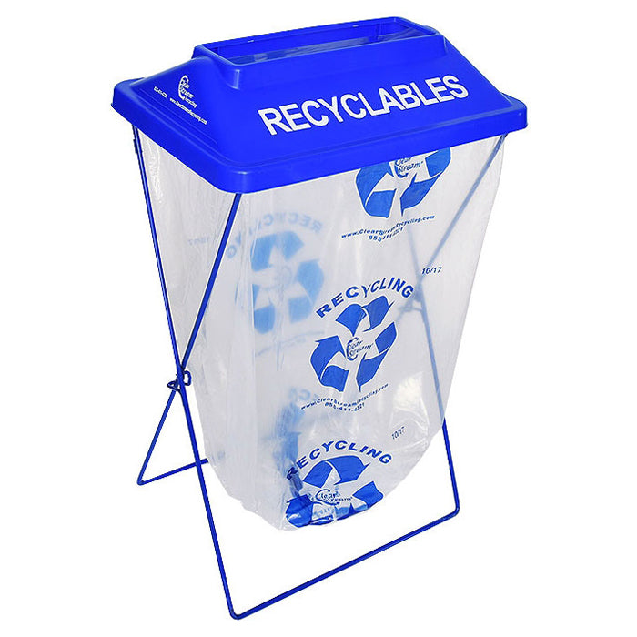 Single Stream® blue recycling bin with wire-frame design and hot-stamped “RECYCLABLES” lid.Single Stream® blue recycling bin with wire-frame design and hot-stamped “RECYCLABLES” lid.