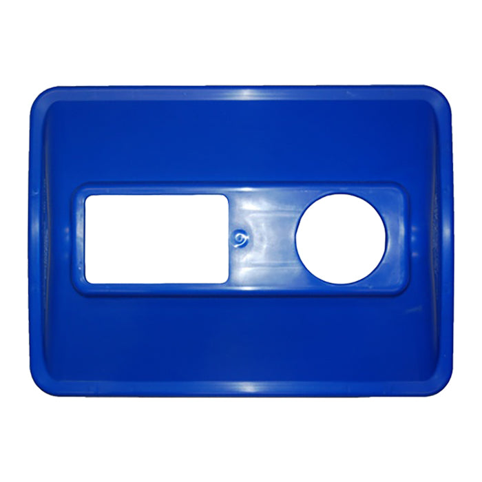 Blue DualStream lid with round hole for recyclables and rectangular slot for waste, fits 25×18″ bins, 5-pack