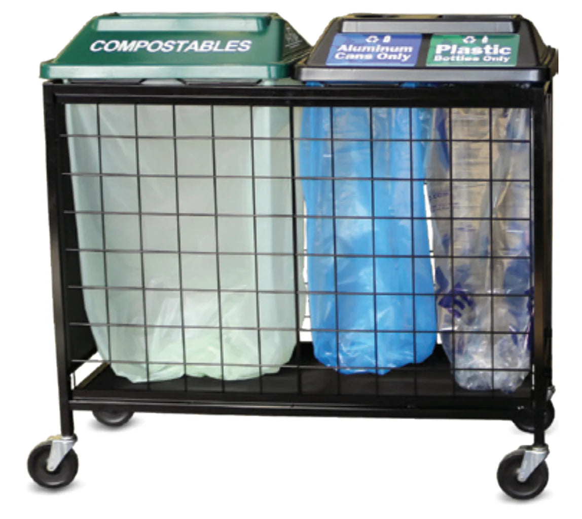 SortMax™ 3-sort bin featuring DualStream™ lid, decals, and clear signage for multiple waste streams.