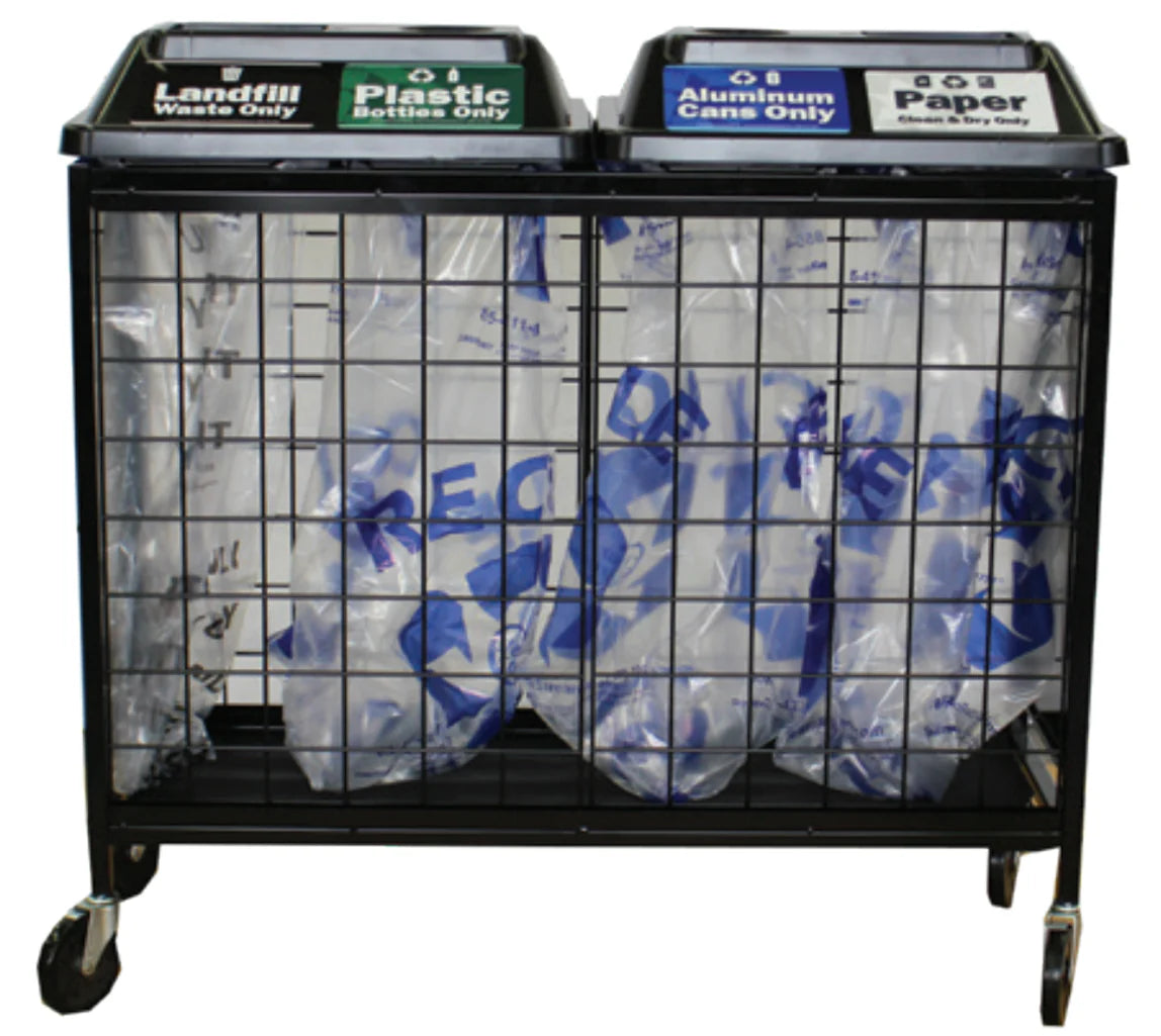 SortMax™ recycling bin with sliding front door open for quick bag servicing and easy liner replacement.