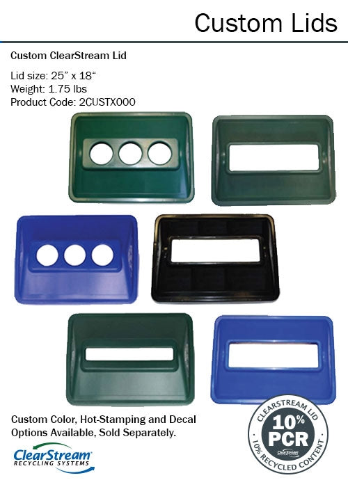 Interchangeable custom lid with multiple hole configurations for recycling or trash bins, customizable color and messaging