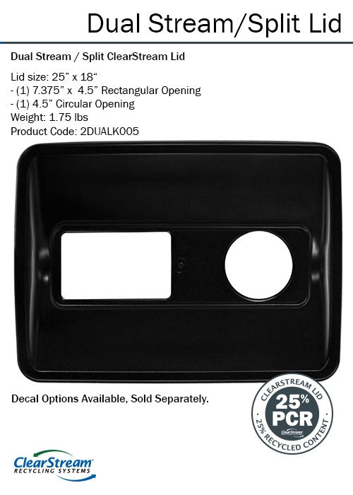 Black split recycling lid with two openings—round 4.5″ hole for bottles/cans and 7.375″×4.5″ slot for waste, 5-pack for DualStream bins