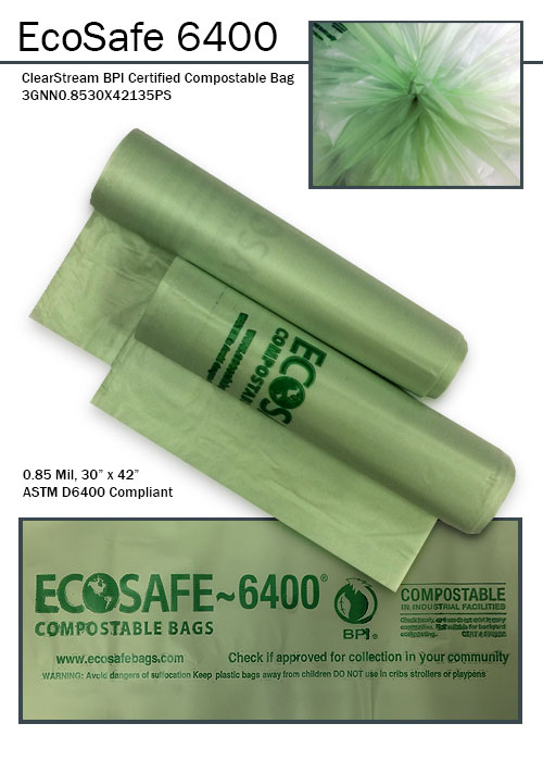 ClearStream compostable bag, translucent green, 25-gallon, .85 mil thickness – case of 135 dual-stream compost collection bags.