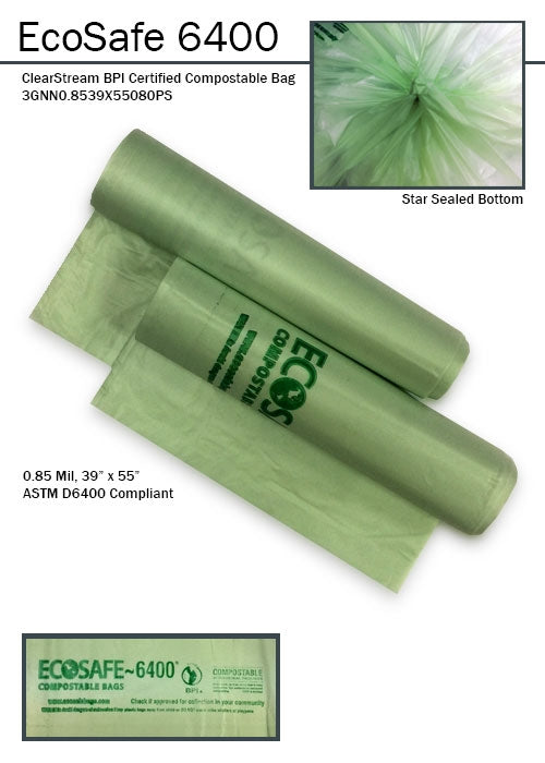 Green-tint compostable trash bag for event boxes, 55-gallon capacity, unprinted BPI-certified liner, 0.85 mil thickness, 80-pack
