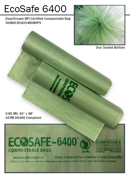 ClearStream compostable bag, translucent green with green print, 40-gallon, .85 mil thickness – case of 80 bags.