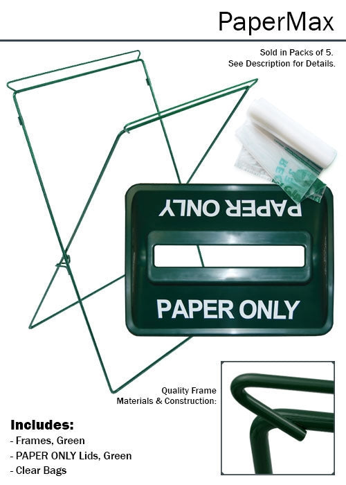 PaperMax Green paper recycling bin with clear bag and “Paper Only” lid.