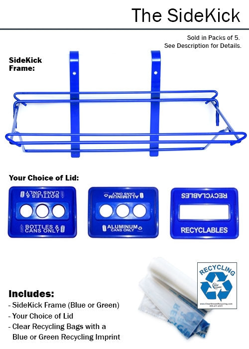 SideKick® blue portable recycling bin without legs, designed to hang on fences or carts.