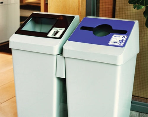Smart Sort™ custom recycling container in blue with front stamping and self-closing lid.