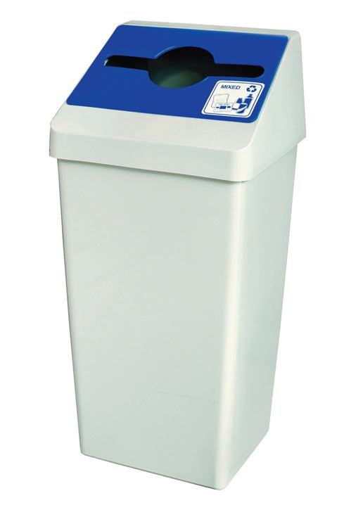 Smart Sort™ custom recycling container in blue with front stamping and self-closing lid.