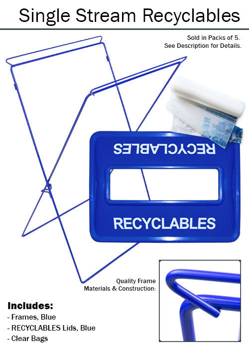 Blue lid labeled “RECYCLABLES” for Single Stream® recycling bin.
