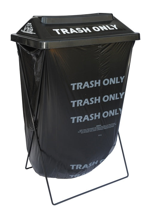 Close-up of TrashMax® black lid with 16” x 4½” rectangular opening labeled “Trash Only.”
