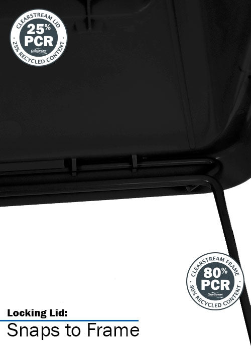 Close-up of TrashMax® black lid with 16” x 4½” rectangular opening labeled “Trash Only.”