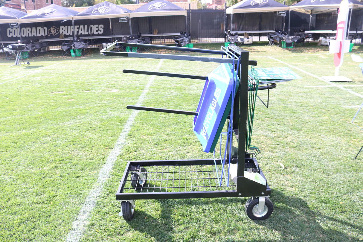 black transporter cart holding clearstream recycling bins