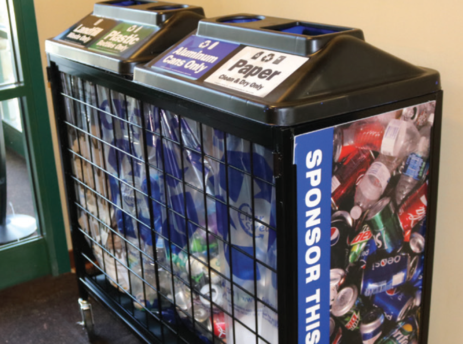 SortMax™ 3-sort bin featuring DualStream™ lid, decals, and clear signage for multiple waste streams.