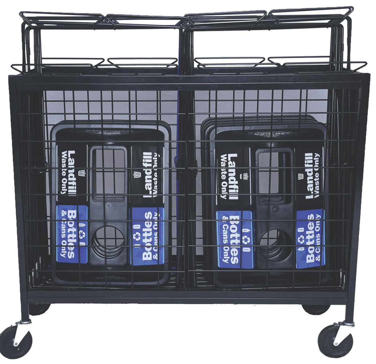 SortMax™ recycling bin with sliding front door open for quick bag servicing and easy liner replacement.