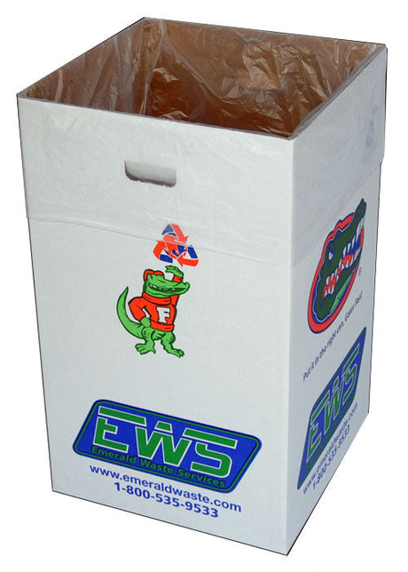Cardboard trash cans (Event Boxes) with color-coded lids and clear signage, arranged at a large outdoor festival.