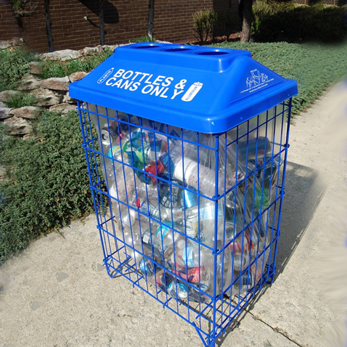 ClearStream clear trash bags fitted on collection bin frame, shown in outdoor event setting with visible color-coded waste streams and clear signage for recycling, landfill, and compost.