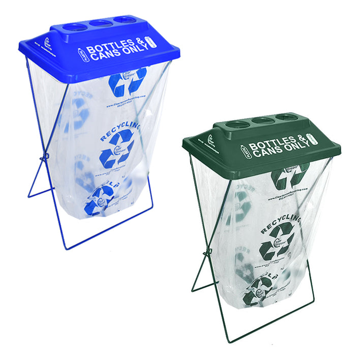 Portable recycling bins with color-coded lids set up for waste sorting at an event or facility.