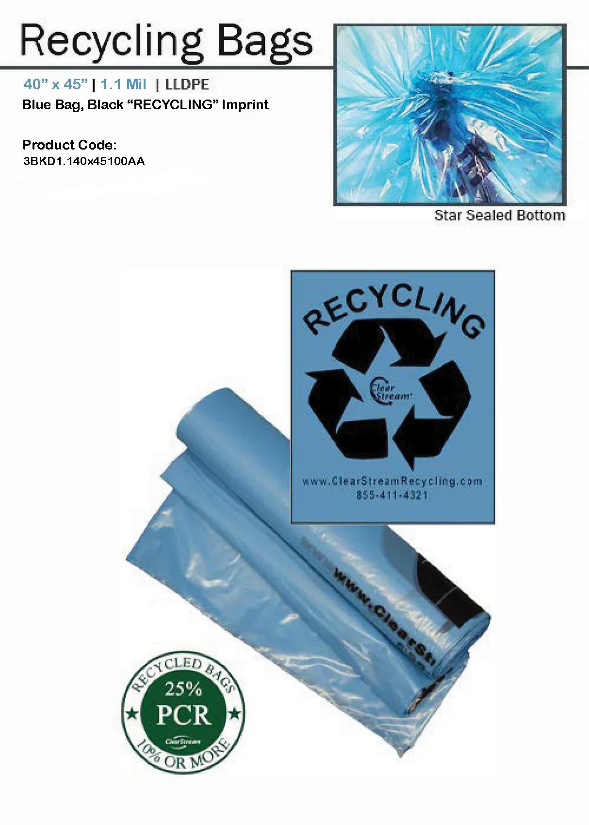 ClearStream 40-gallon blue recycling bag case – 100-count with printed black recycling logo